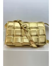Mia Plaid Square Leather Medium Shoulder Bag Gold