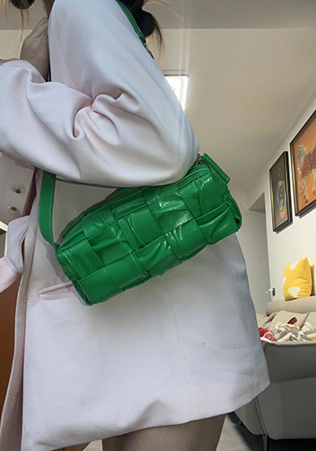 Mia Woven Pleated Leather Medium Shoulder Bag Racing Green