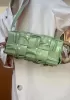 Mia Woven Pleated Leather Medium Shoulder Bag Stone Green
