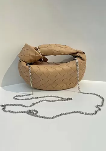 Dina Mini Knotted Intrecciato Leather Tote Chain Beige