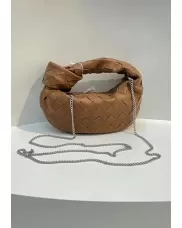 Dina Mini Knotted Intrecciato Leather Tote Chain Camel