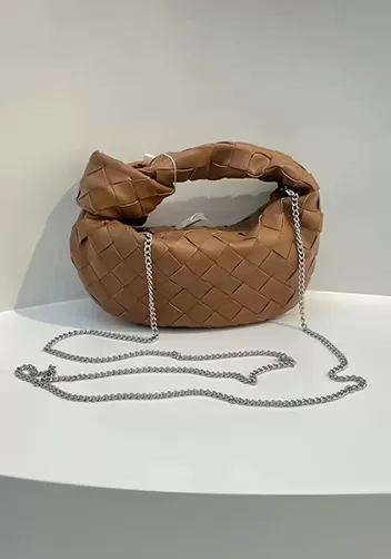 Dina Mini Knotted Intrecciato Leather Tote Chain Camel