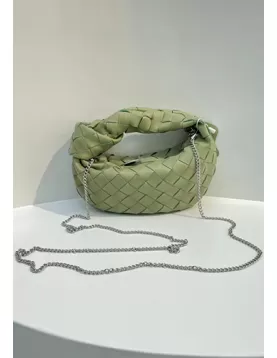 Dina Mini Knotted Intrecciato Leather Tote Chain Stone Green