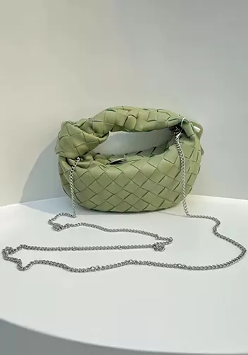 Dina Mini Knotted Intrecciato Leather Tote Chain Stone Green