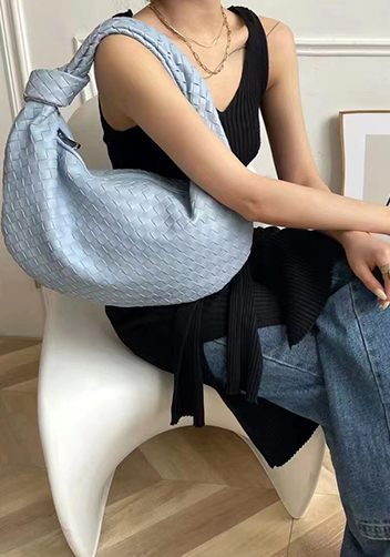Dina Medium Knotted Intrecciato Vegan Leather Tote Light Blue