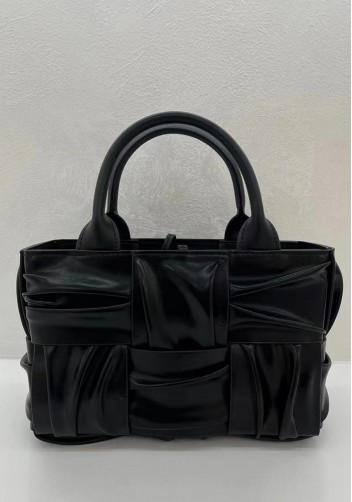 Mia Woven Pleated Leather 6 Squares Medium Tote Black