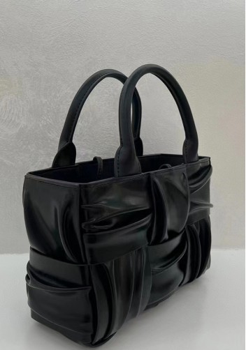 Mia Woven Pleated Leather 6 Squares Medium Tote Black