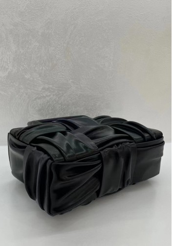 Mia Woven Pleated Leather 6 Squares Medium Tote Black