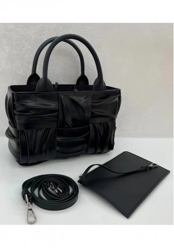Mia Woven Pleated Leather 6 Squares Medium Tote Black