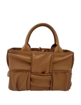Mia Woven Pleated Leather 6 Squares Medium Tote Camel