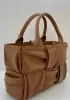 Mia Woven Pleated Leather 6 Squares Medium Tote Camel