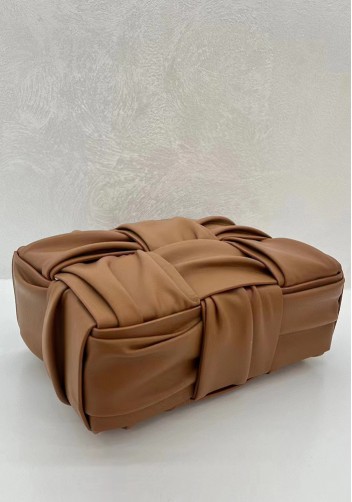 Mia Woven Pleated Leather 6 Squares Medium Tote Camel