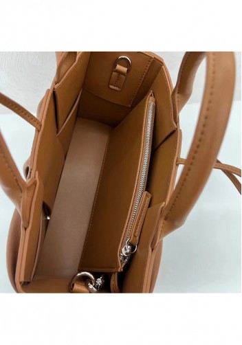 Mia Woven Pleated Leather 6 Squares Medium Tote Camel
