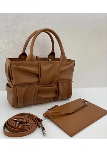 Mia Woven Pleated Leather 6 Squares Medium Tote Camel