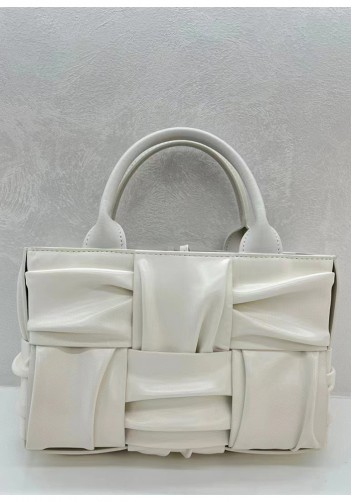 Mia Woven Pleated Leather 6 Squares Medium Tote Cream