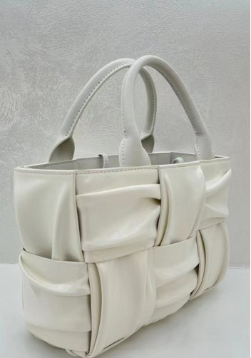 Mia Woven Pleated Leather 6 Squares Medium Tote Cream