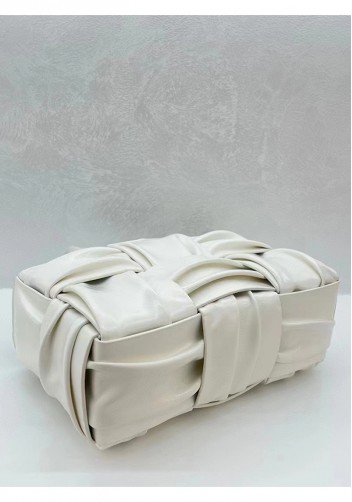 Mia Woven Pleated Leather 6 Squares Medium Tote Cream