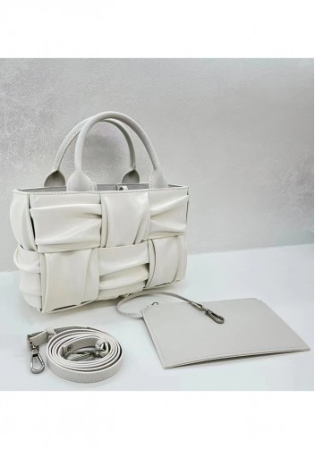 Mia Woven Pleated Leather 6 Squares Medium Tote Cream