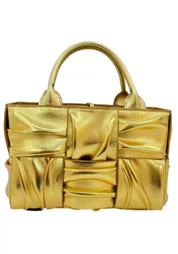 Mia Woven Pleated Leather 6 Squares Medium Tote Gold