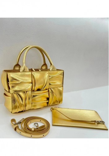 Mia Woven Pleated Leather 6 Squares Medium Tote Gold