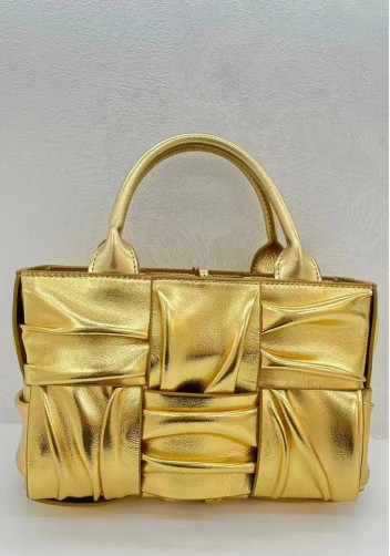 Mia Woven Pleated Leather 6 Squares Medium Tote Gold