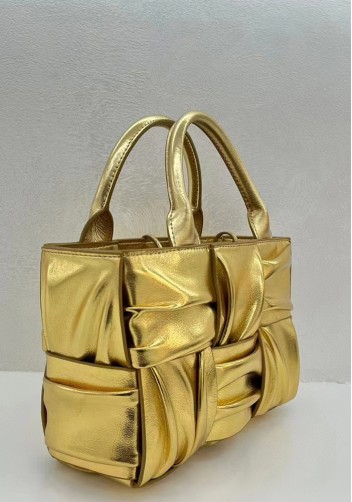 Mia Woven Pleated Leather 6 Squares Medium Tote Gold
