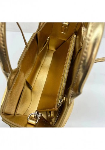 Mia Woven Pleated Leather 6 Squares Medium Tote Gold