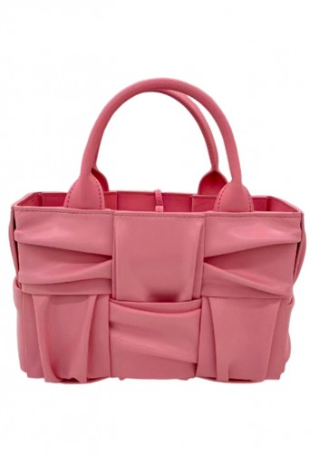 Mia Woven Pleated Leather 6 Squares Medium Tote Pink