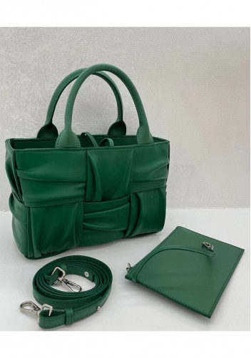 Mia Woven Pleated Leather 6 Squares Medium Tote Racing Green
