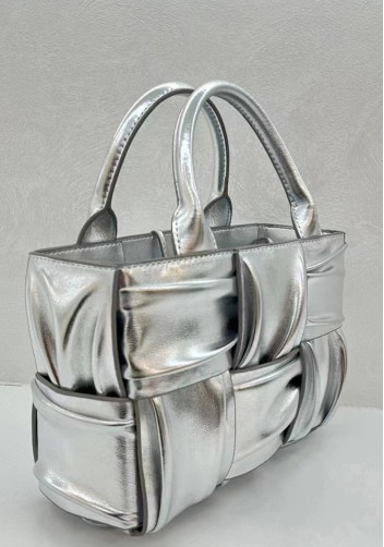 Mia Woven Pleated Leather 6 Squares Medium Tote Silver