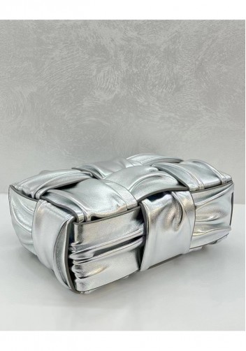 Mia Woven Pleated Leather 6 Squares Medium Tote Silver