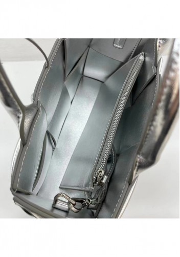 Mia Woven Pleated Leather 6 Squares Medium Tote Silver