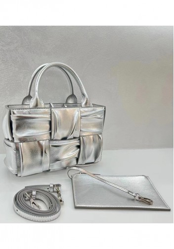 Mia Woven Pleated Leather 6 Squares Medium Tote Silver