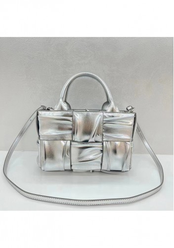 Mia Woven Pleated Leather 6 Squares Medium Tote Silver