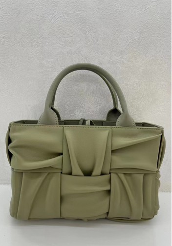 Mia Woven Pleated Leather 6 Squares Medium Tote Stone Green