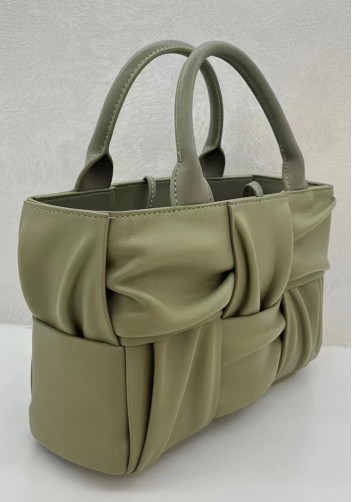 Mia Woven Pleated Leather 6 Squares Medium Tote Stone Green