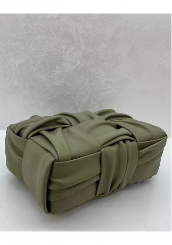 Mia Woven Pleated Leather 6 Squares Medium Tote Stone Green