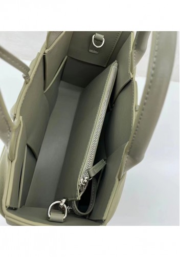 Mia Woven Pleated Leather 6 Squares Medium Tote Stone Green