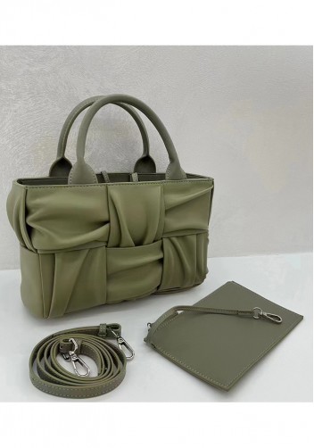 Mia Woven Pleated Leather 6 Squares Medium Tote Stone Green
