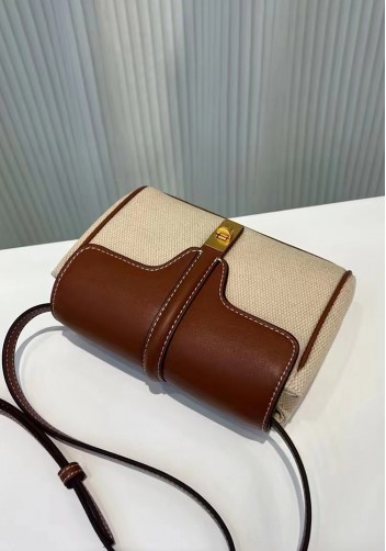 Shimanne Calfskin Canvas Shoulder Mini Bag Camel
