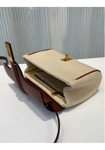 Shimanne Calfskin Canvas Shoulder Mini Bag Camel