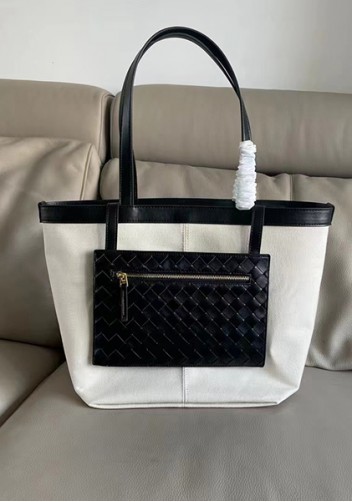 Mia Woven Leather Canvas Tote Black