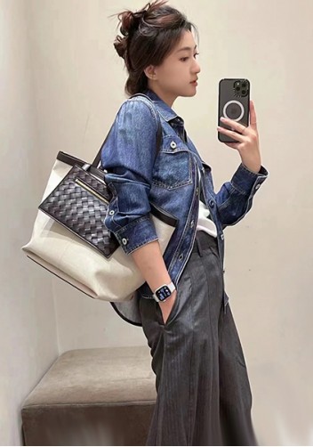 Mia Woven Leather Canvas Tote Black
