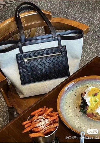 Mia Woven Leather Canvas Tote Black