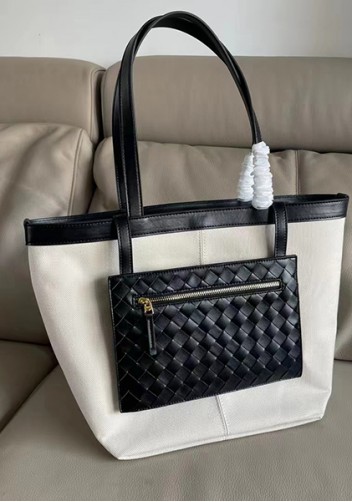 Mia Woven Leather Canvas Tote Black
