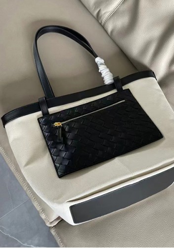 Mia Woven Leather Canvas Tote Black