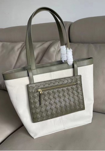 Mia Woven Leather Canvas Tote Green