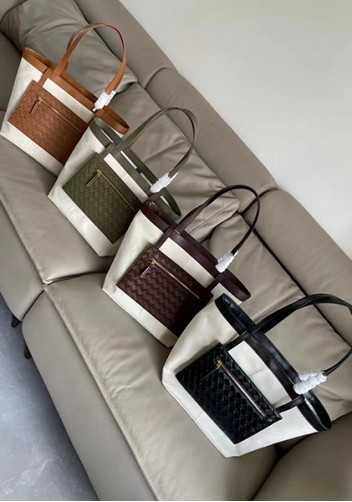 Mia Woven Leather Canvas Tote Green