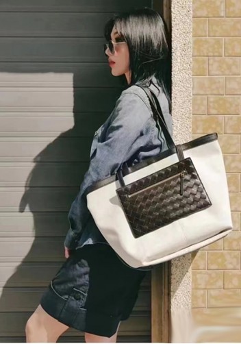 Mia Woven Leather Canvas Tote Green