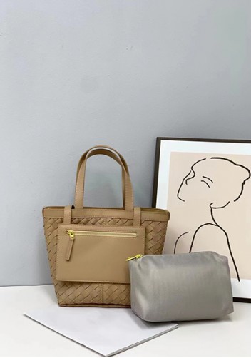 Mia Woven Leather Flip Flap Tote Beige